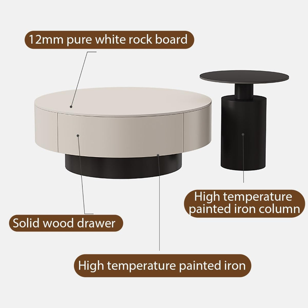 Couchtisch 2er Set Rund, wohnzimmer tisch für couch mit 2 Schubladen aus Massivholz, verdickte 12 mm Steinplatte, Nested Beistelltisch mit Schublade für Schlafzimmer, Home Office(Black+black,70cm)