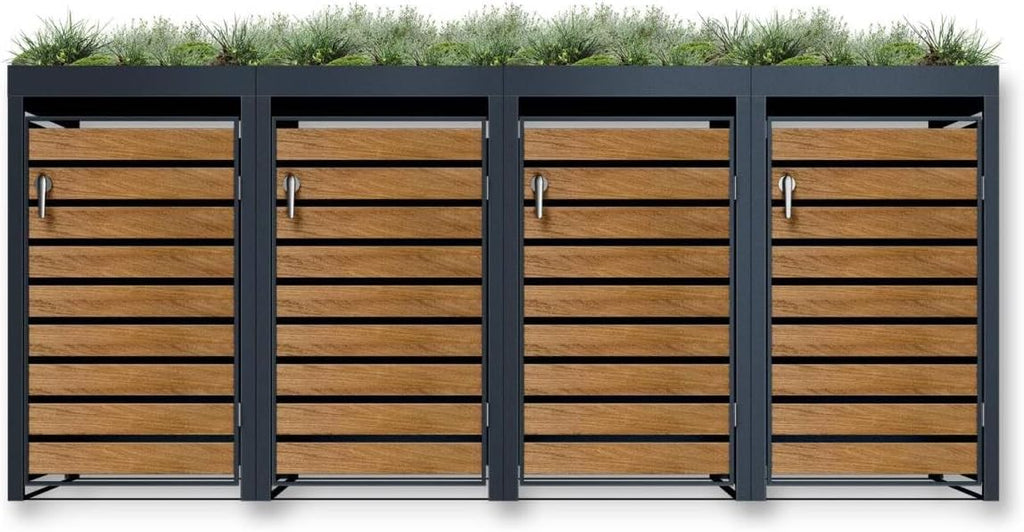 Cubrecontenedores Metzler para 4 cubos de 240L en antracita y efecto madera con techo ajardinado y franjas decorativas, cerramiento para 4 cubos con tapa automática, caseta para basura de acero inoxidable con recubrimiento en polvo, con cerradura