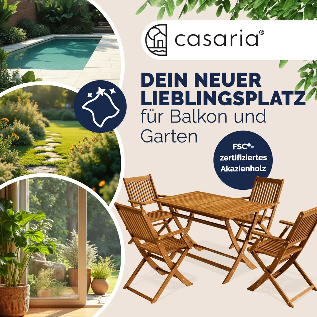 Conjunto de mesa de jardín certificado FSC para 4 personas, 200 cm, 160 kg, resistente a la intemperie, plegable, 5 piezas, acacia con reposabrazos, marrón