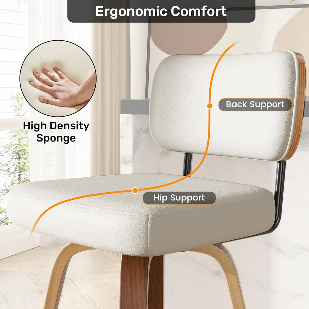 Juego de 2 taburetes de bar giratorios con respaldo, altura de asiento de 65 cm, piel sintética y madera maciza, diseño de mediados de siglo con 4 patas y reposapiés, sillas de bar para cocina y bar en color beige