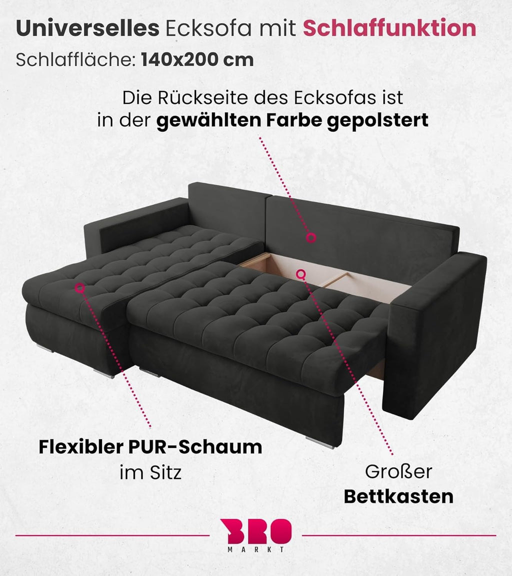 BROMARKT Sofa mit Schlaffunktion Ecksofa L-Form Schlafsofa Couch Bettkasten Wohnzimmer Möbel LUIS Couch 3 Sitzer Bett mit Bezugbehalter 238x150x72 Hellgrau