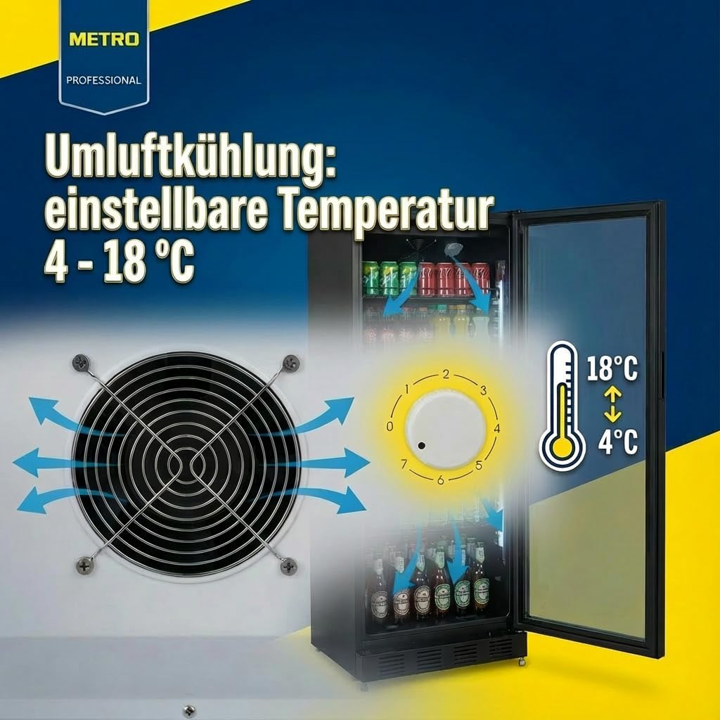 METRO Professional Refrigerador de bebidas GSC4280B, metal/vidrio, 280 L, refrigeración ventilada, 210 W, con cerradura, negro