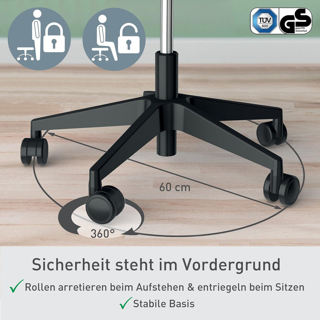 Taburete ajustable en altura Leitz Ergo Active (47–60 cm) con ruedas, taburete de oficina con cojín de asiento, taburete giratorio ergonómico para el hogar, la oficina, el ocio y las aficiones, serie Ergo, negro, 65770095
