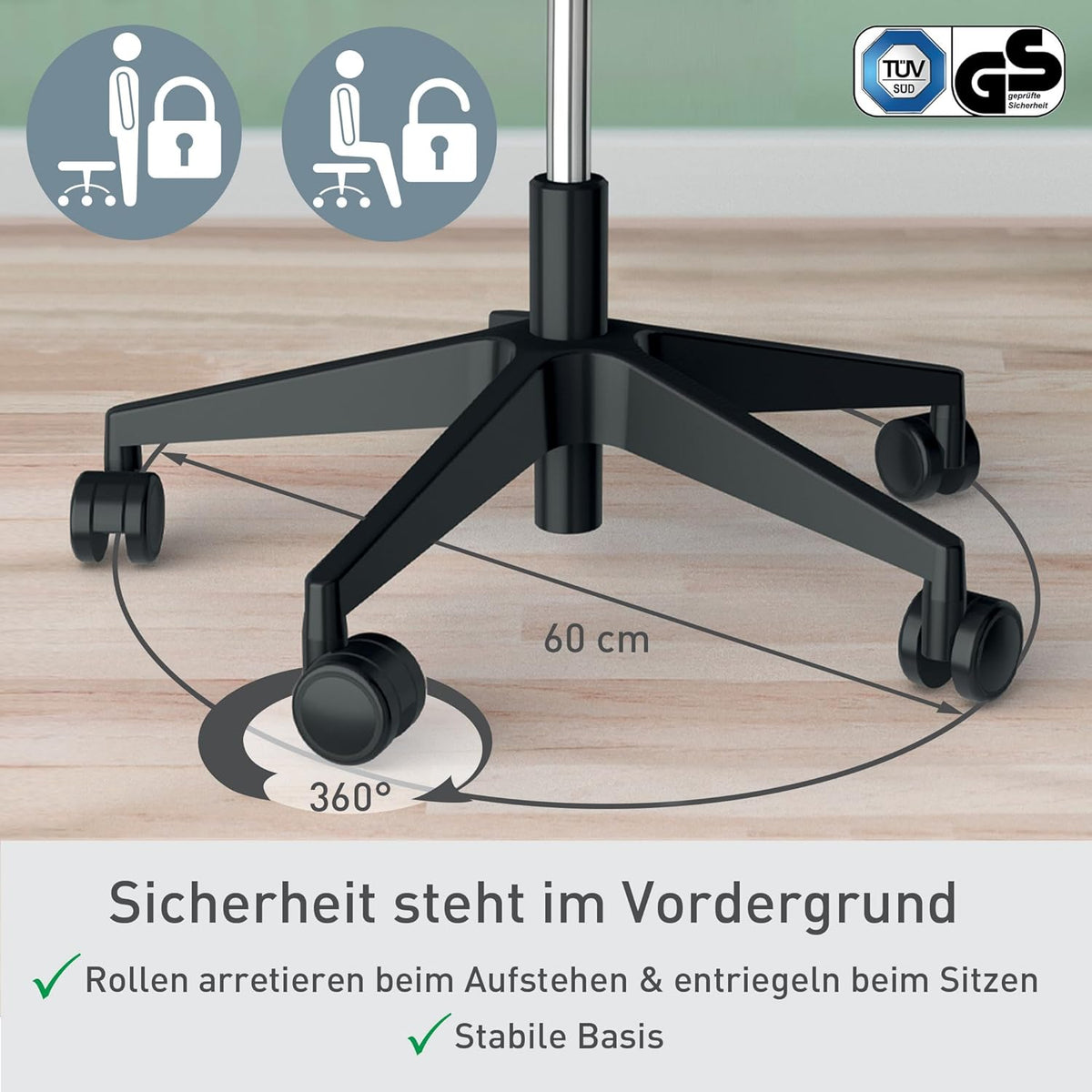 Taburete ajustable en altura Leitz Ergo Active (47–60 cm) con ruedas, taburete de oficina con cojín de asiento, taburete giratorio ergonómico para el hogar, la oficina, el ocio y las aficiones, serie Ergo, negro, 65770095