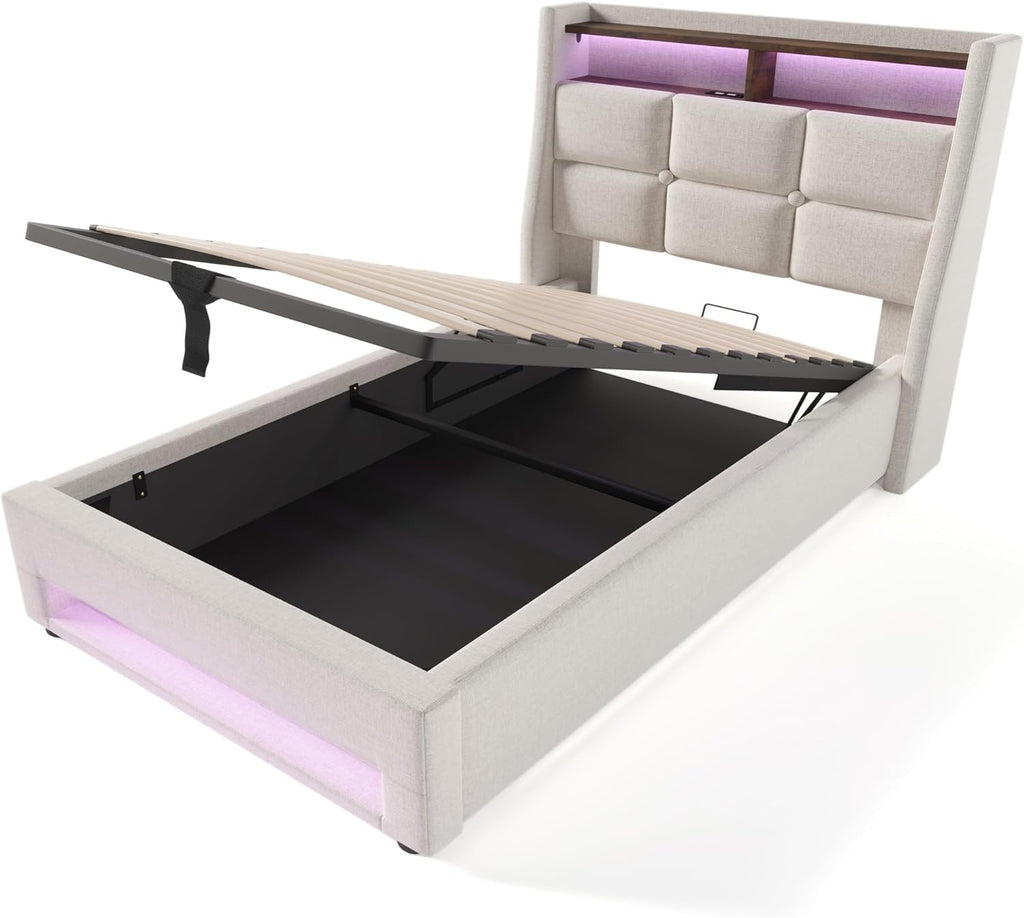 Cama tapizada individual LAKFEW 90x200 cm con cabecero LED USB, cama hidráulica con espacio de almacenamiento, estructura de cama con somier de láminas, cama juvenil, muebles de dormitorio, beige, lino, sin colchón
