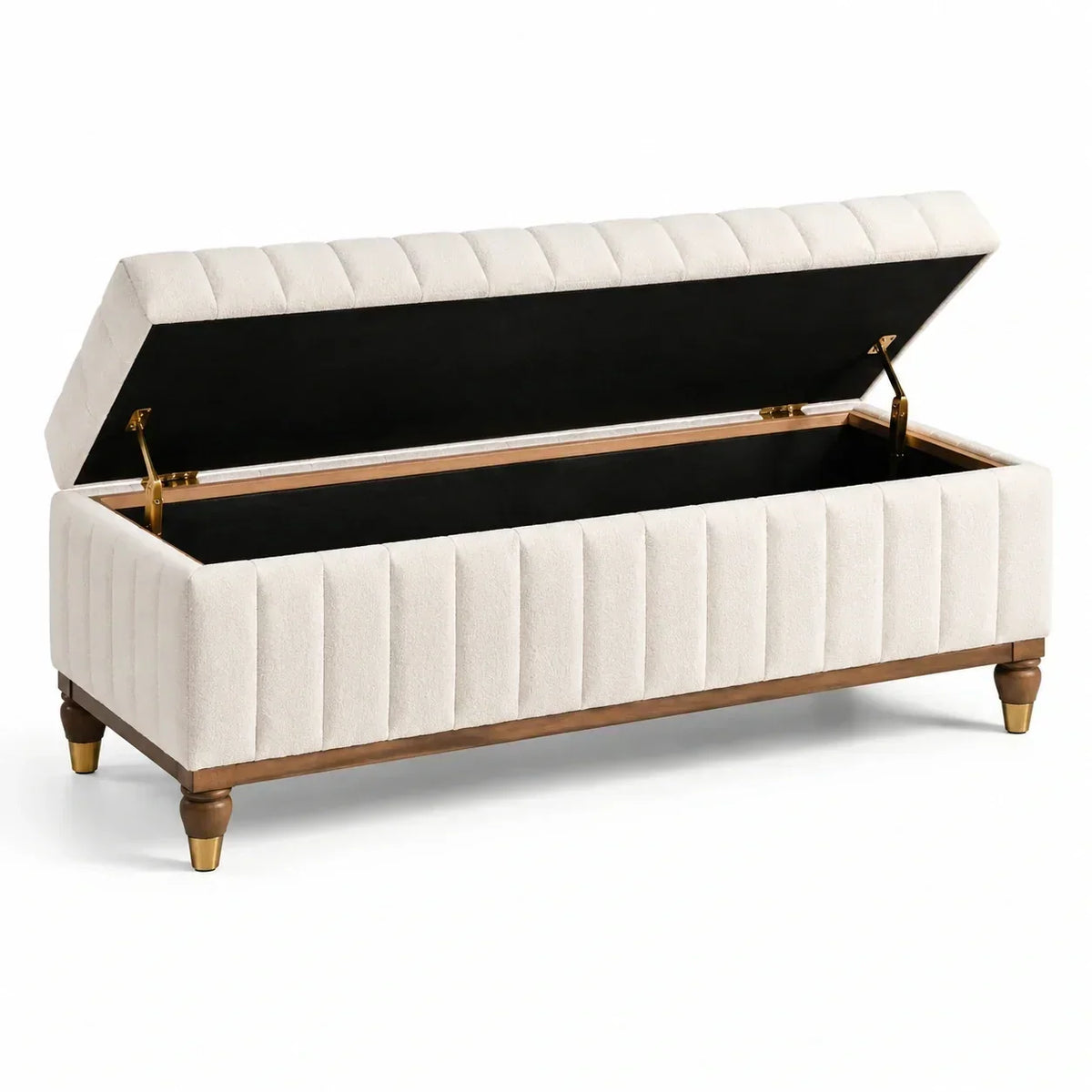 Banco con almacenamiento de madera y tejido de poliéster, beige, 120x45x50 cm