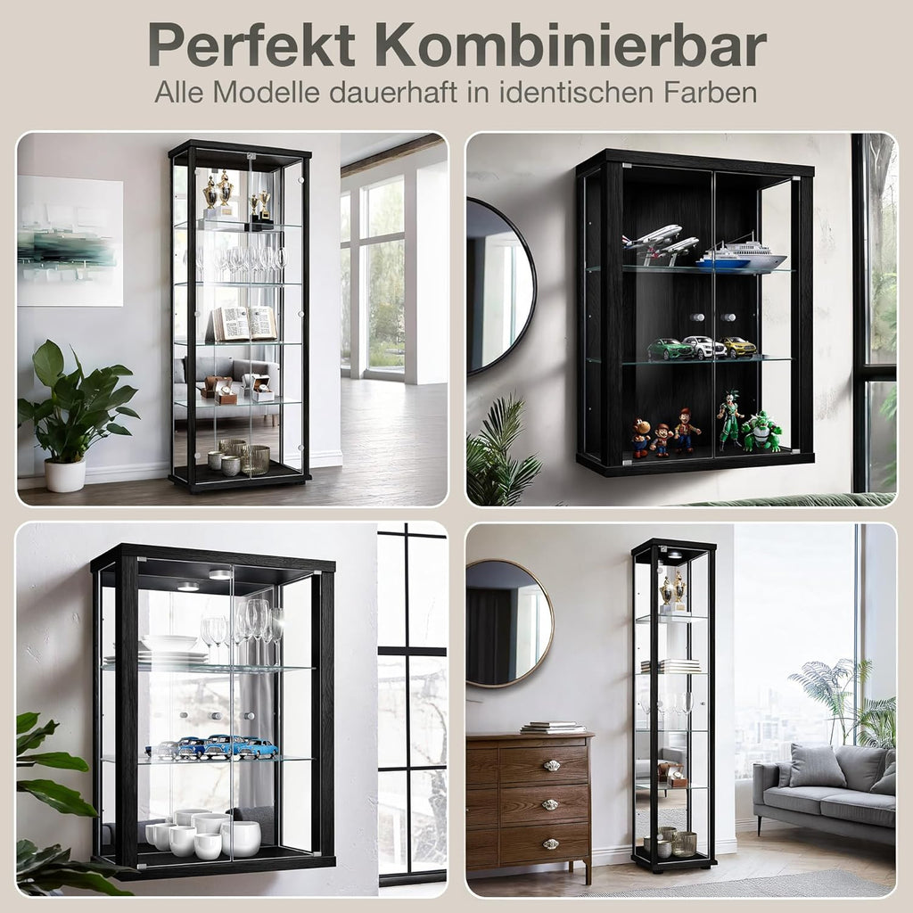 Glas Vitrinenschrank 2-türig (176x67x33cm) - Made in Germany - Standvitrine Schwarz mit 4 höhenverstellbaren Glasböden, Spiegel, Schloss & LED - Glasvitrine Stehend - Sammler