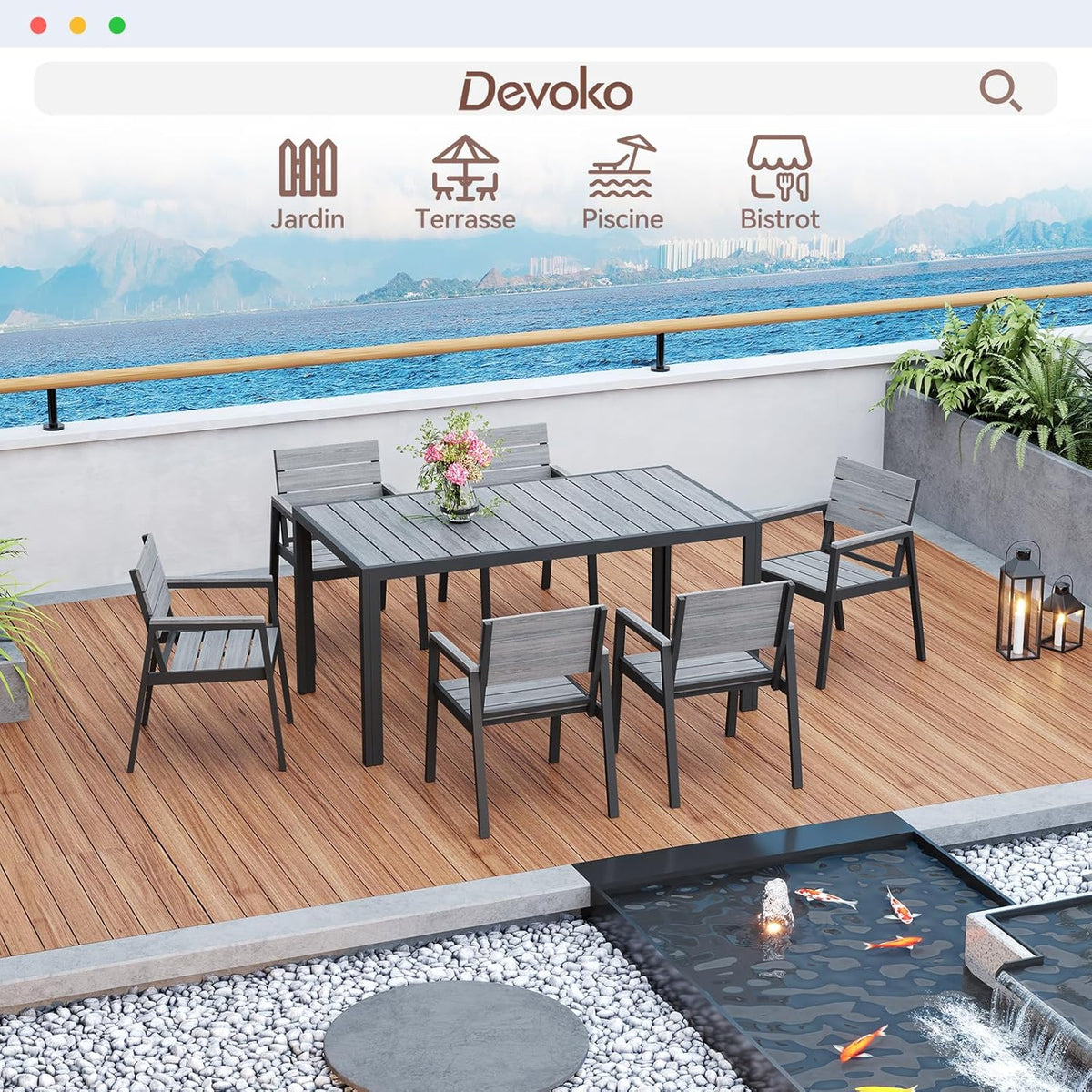 Devoko HDPS Conjunto de jardín de exterior de 7 piezas, resistente a la intemperie, con mesa de 150 cm y 6 sillas de jardín de exterior de aluminio, acabado imitación madera y fácil mantenimiento (gris)