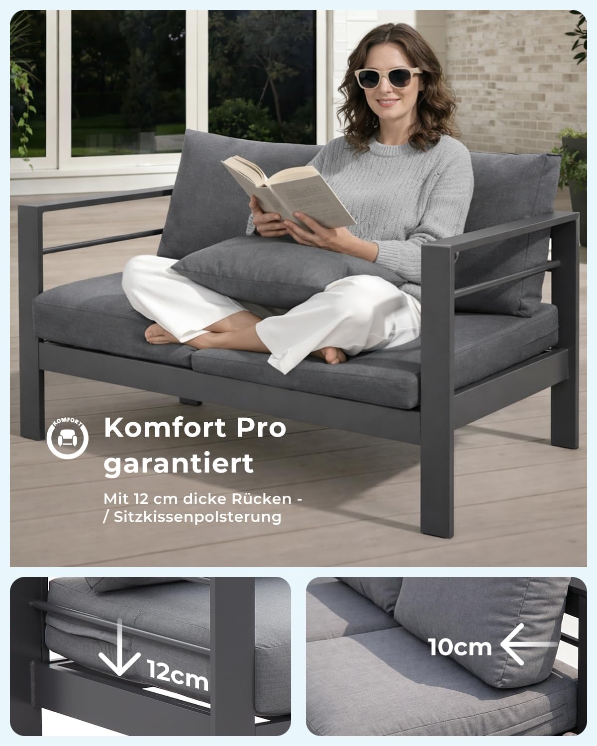 Sofá de jardín LANOX, conjunto de muebles de exterior de 2 plazas de aluminio, 128×65×66 cm, incluye cojines de asiento y respaldo, sofá de jardín resistente a la intemperie para balcón, terraza y jardín, gris