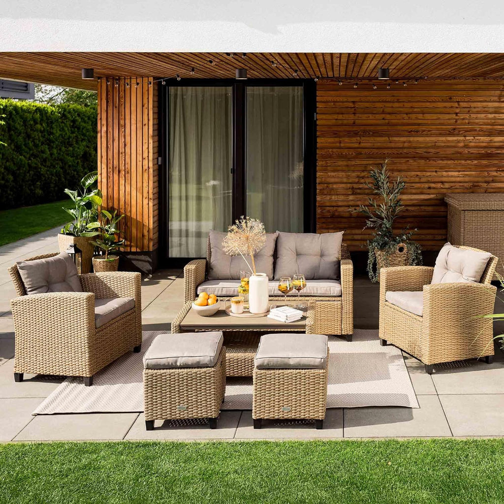 Set de muebles de jardín de poliratán Firenze de di volio - Conjunto lounge con sofá doble, 2 sillones, 2 taburetes y mesa - Set de muebles de jardín con aspecto de ratán, incluye una manta de forro polar