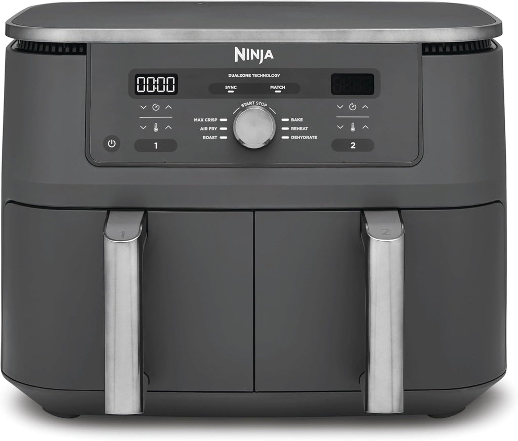 Ninja Dual Zone Digital Air Fryer, 2 Schubladen, 6-in-1, Heißluftfritteuse, 9,5L, Heißluft-Frittieren, Max Crisp, Rösten, Backen, Aufwärmen, Spülmaschinenfeste Körbe, Metallic Grau DZ400EU