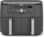 Ninja Dual Zone Digital Air Fryer, 2 Schubladen, 6-in-1, Heißluftfritteuse, 9,5L, Heißluft-Frittieren, Max Crisp, Rösten, Backen, Aufwärmen, Spülmaschinenfeste Körbe, Metallic Grau DZ400EU