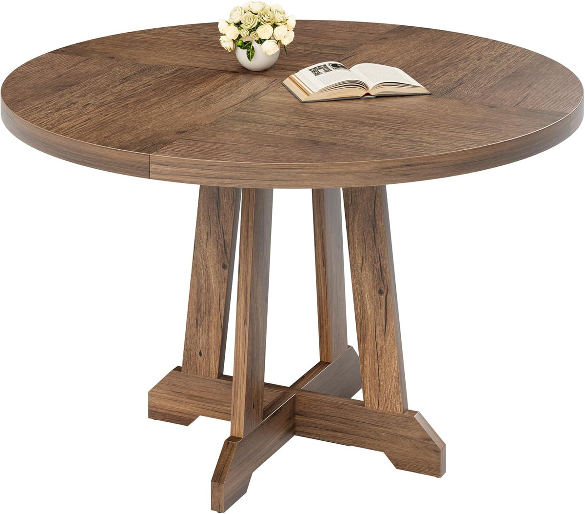 Mesa de comedor redonda para 4-6 personas, mesa de cocina con marco de madera resistente, mesa de comedor que ahorra espacio en diseño industrial, circular, mesas de comedor para café, hogar, cocina, sala de estar (solo mesa), color nogal