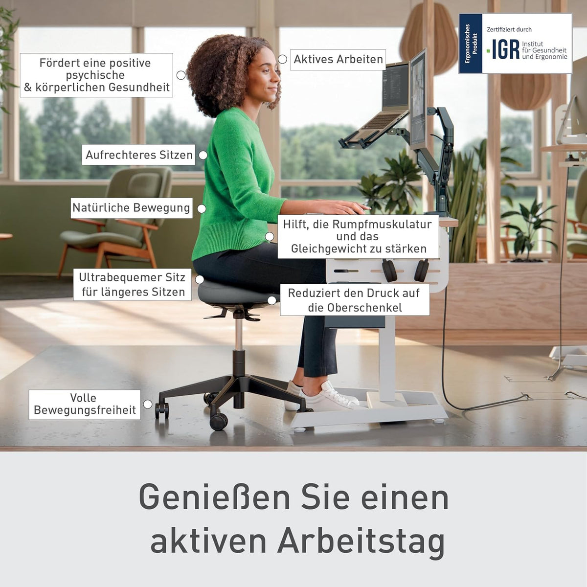Taburete ajustable en altura Leitz Ergo Active (47–60 cm) con ruedas, taburete de oficina con cojín de asiento, taburete giratorio ergonómico para el hogar, la oficina, el ocio y las aficiones, serie Ergo, negro, 65770095