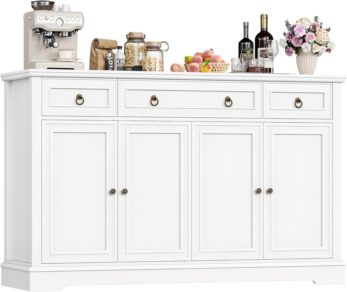 FirFurd Sideboard Küchenschrank mit Arbeitsplatte Buffetschrank Sideboard für Küche Wohnzimmer Wohnzimmerschrank mit 3 Schubladen und 4Türen Küchenbuffet mit Verstellbares Regal 134x87x40 cm weiß