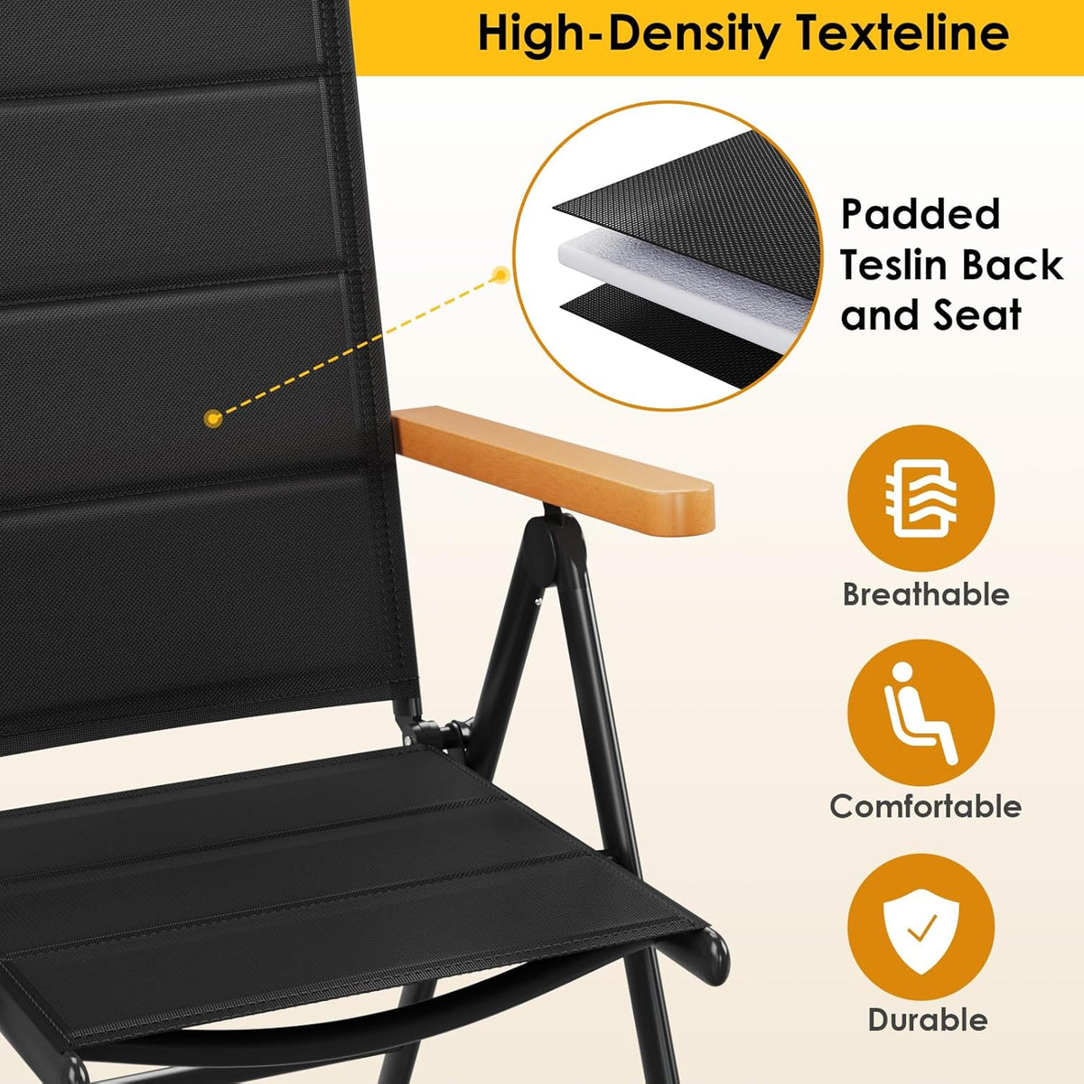 LIFERUN Silla de jardín plegable con respaldo alto, juego de 2 sillas de aluminio para balcón, reposabrazos de WPC, con respaldo y asiento acolchados, ajustable en 7 posiciones, hasta 120 kg, silla de comedor para exteriores, negro, 2 unidades