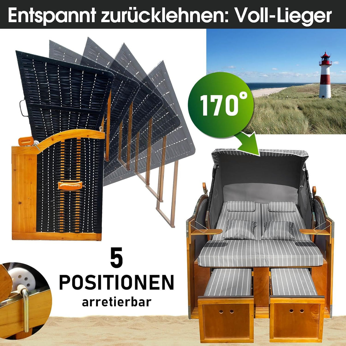 BRAST® Silla de playa Rügen Deluxe | para 2 personas | 120 cm de ancho | 5 diseños | incluye funda protectora resistente a la intemperie | respaldo ajustable y cojín de pies mullido | Antracita/Gris - a rayas