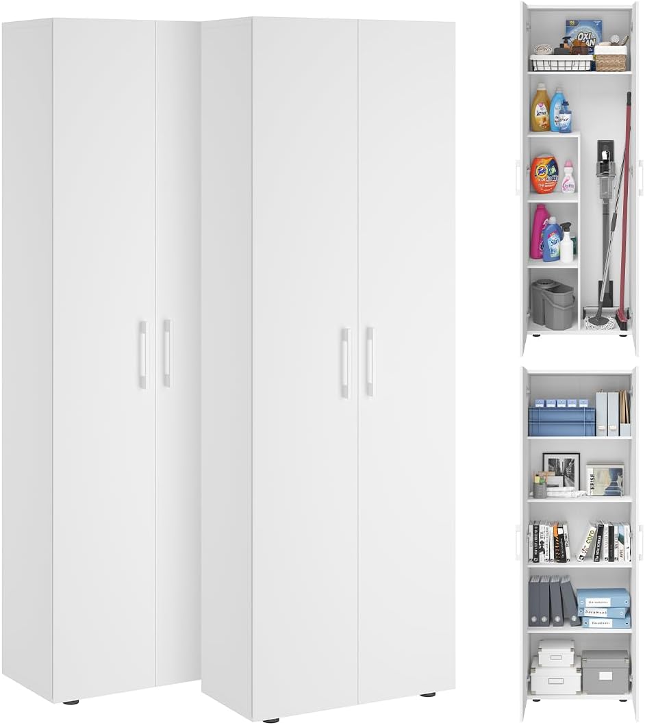 Set de armarios multiusos Bellamio de 2 piezas – Conjunto de armarios con archivador y armario escobero en blanco – Armario despensa con compartimento para aspiradora – Armario para el hogar de madera de 60 cm de ancho – Armario multiusos de 2 unidades