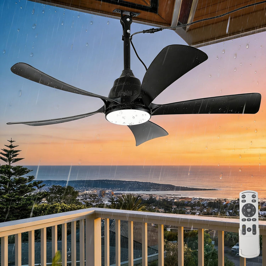 Ventilador de techo para exteriores con luz IP65 resistente al agua, 106 cm, silencioso, con iluminación y mando a distancia, regulable, 6 velocidades, temporizador, lámpara con ventilador para terraza y cenador, negro