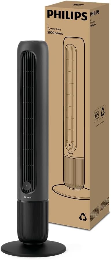 Ventilador de torre Philips serie 5000. Potente flujo de aire de 8,0 m/s, ultra silencioso de 24 dB, bajo consumo energético, mando a distancia, 5 velocidades, modo suspensión, temporizador de 9 h, oscilación de 80° (CX5540/01)