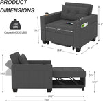 Sillón cama DURASPACE, silla convertible 3 en 1, sillón cama extensible, sofá cama con puertos USB, bolsillo lateral, portavasos para espacios pequeños (gris oscuro)