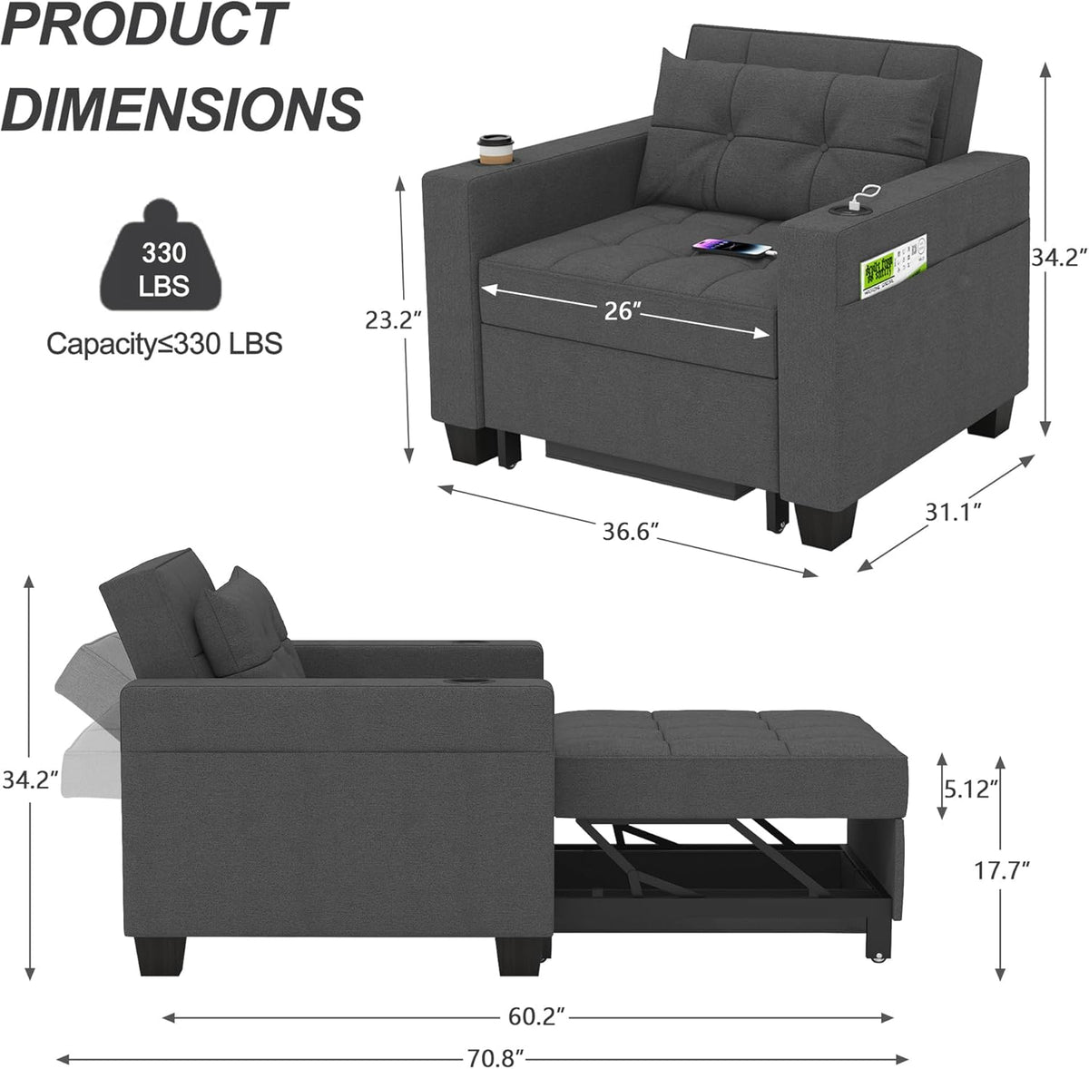 Sillón cama DURASPACE, silla convertible 3 en 1, sillón cama extensible, sofá cama con puertos USB, bolsillo lateral, portavasos para espacios pequeños (gris oscuro)