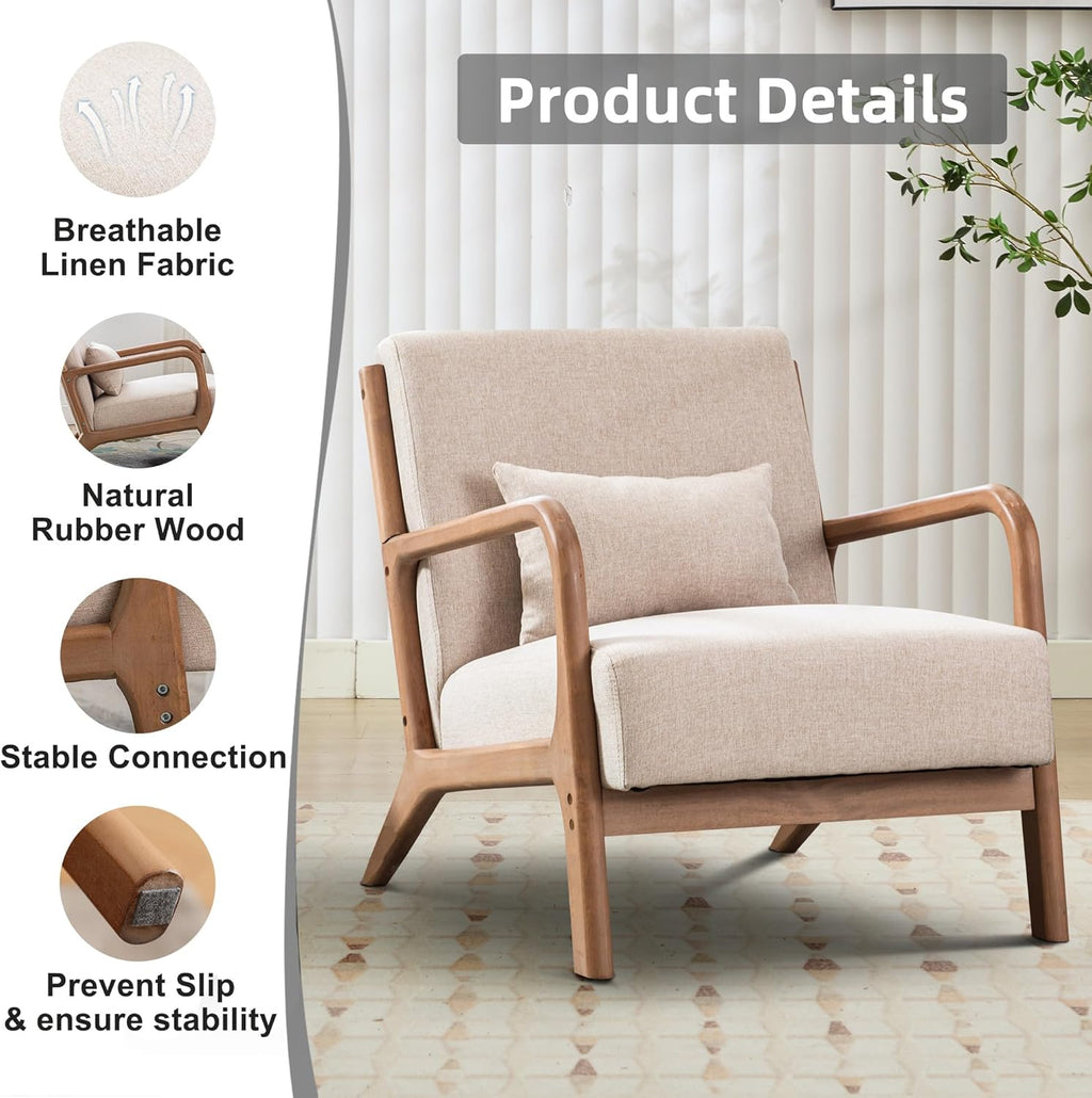Sillón decorativo EBELLO con cojín, sillón tapizado moderno de mediados de siglo para sala de estar, sillón orejero con estructura de madera y apoyabrazos, sillón de lectura con capacidad de carga de hasta 150 kg, beige