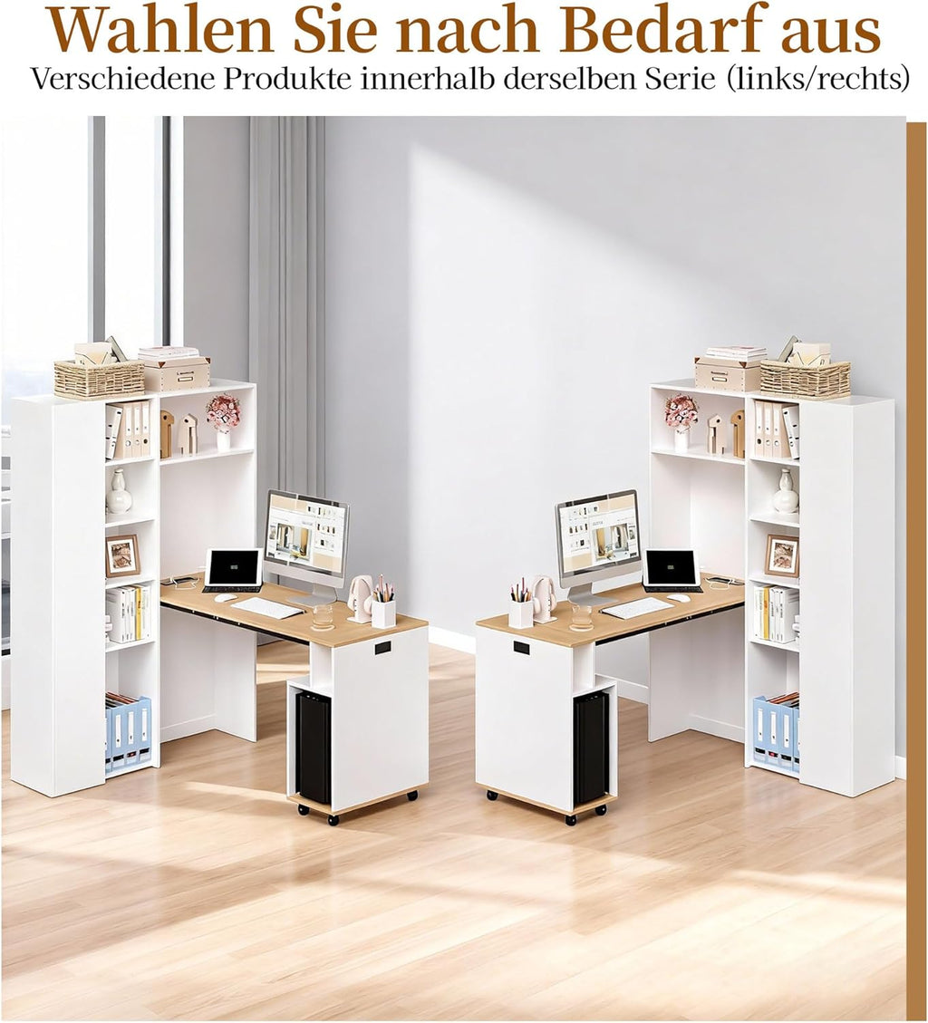 Merax klappbarer 2-in-1 Schreibtisch mit Ablagen, Steckdose & USB, Kippschutz, Eck-Schreibtisch Links – Homeoffice, Studentenwohnung, platzsparend, funktional, Regal & Arbeitsplatz, Weiß