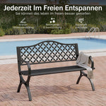 PHI VILLA Schwarze Gartenbank mit Rückenlehne aus Gusseisen und stabilem Stahlrahmen 2-3 Sitzer Bank Outdoor für Veranda, Park, Balkon und Garten