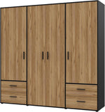Armario FORTE Jupiter 200 210, armario ropero, armario de puertas batientes, 4 puertas, con 4 cajones y estantes, negro con decoración de madera: roble Catania, 206 cm de ancho x 53 cm de profundidad x 200 cm de alto