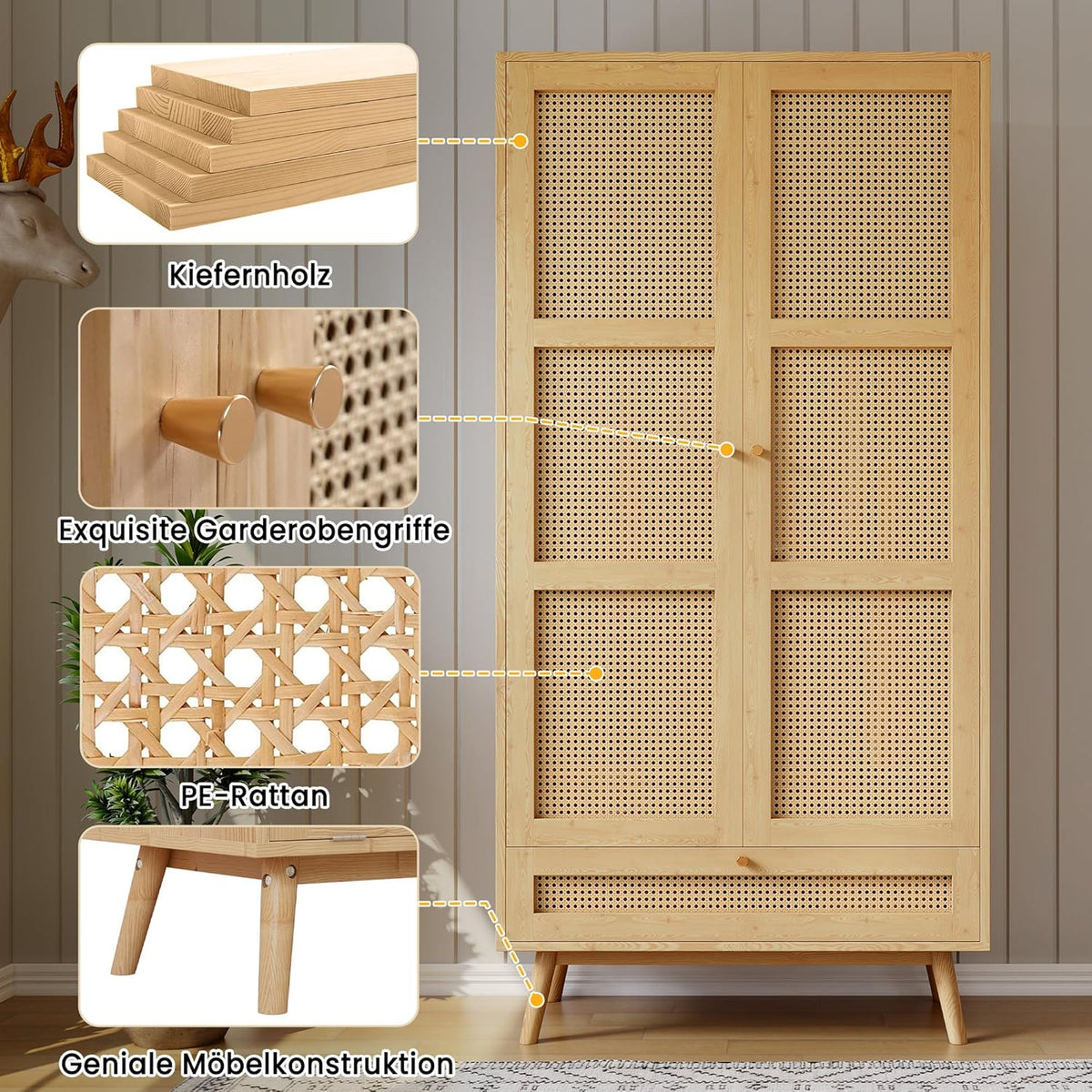 Armario Kebnor con barra, armario de 2 puertas, dormitorio, red de ratán, sala de estar, con tapa abatible inferior, aglomerado + ratán de polietileno, natural