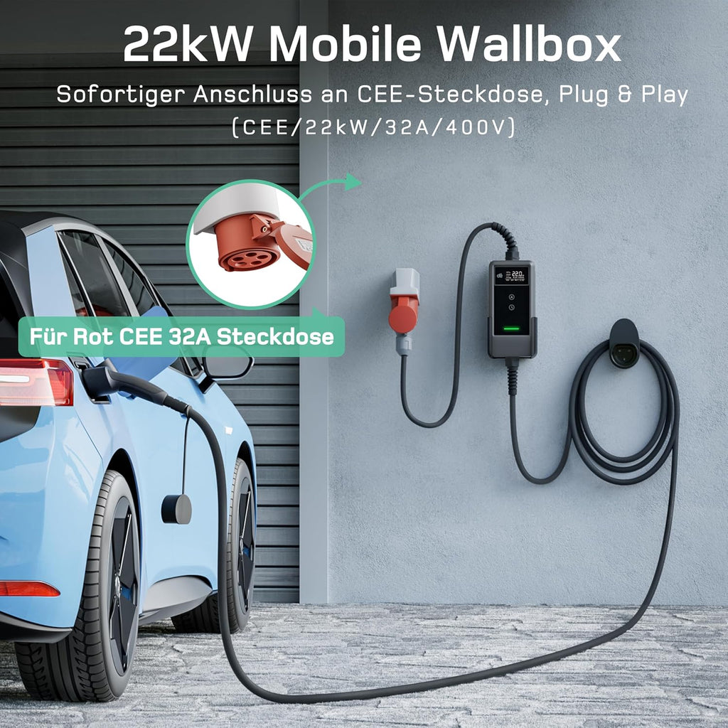 Mobile Wallbox/Estación de carga 22kW con App [trifásica|7m|6-32A] con medidor de energía, cable de carga CEE 32A a Tipo 2 y cargador de VE para Model Y/3, ID.3/4/5, MG4, EX30, e-up, e-tron y otros VE/Híbridos enchufables