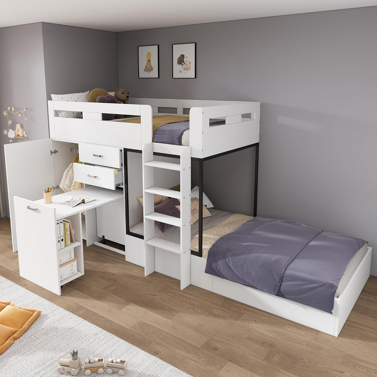 Cama tipo loft Ymkua para niños de 90x200 cm con almacenamiento, cama doble con somier, cama alta con escritorio y armario, cama juvenil con cajones, estantes y escalera, blanco, sin colchón