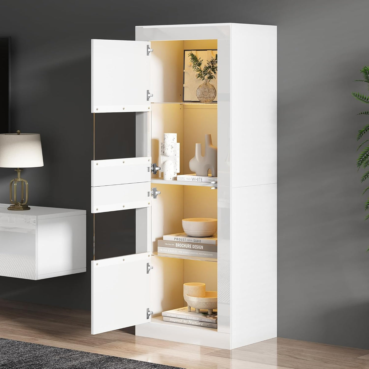 Vitrina Merax, vitrina de cristal, armario con iluminación LED, armario alto en blanco brillante con 2 estantes de cristal ajustables, vitrina para colecciones, estantería para salón, dormitorio, oficina, 161 cm