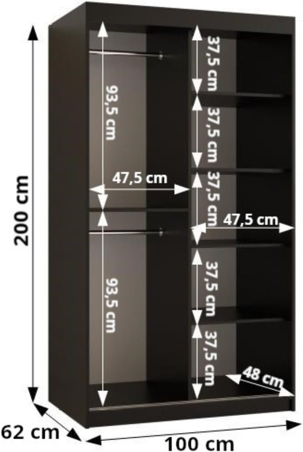 Kryspol - Armario de puertas correderas - Armario con espejo - Armario de 100 cm de ancho x 200 cm (alto) x 62 cm (fondo), 2 puertas, tablero de muebles laminado, armario de puertas correderas Rubino Y2 100, color cachemira