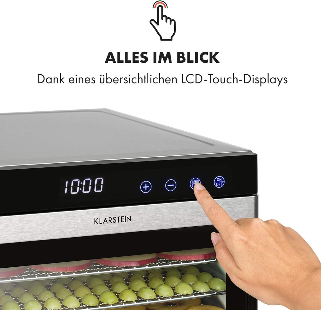Klarstein Flavour Dry Dörrautomat Mit Edelstahl-Gehäuse, 6 Ablagegitter, LCD-Touch-Display, Timer, 360° Airflow Circulation, Digitaler Thermostat, 35-75 C°