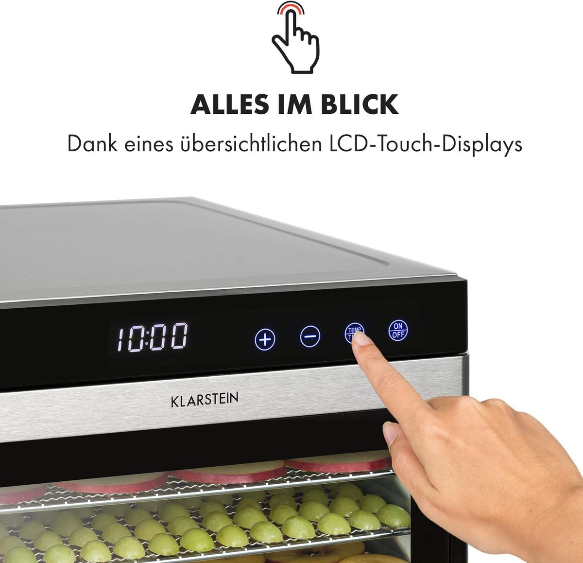 Klarstein Flavour Dry Dörrautomat Mit Edelstahl-Gehäuse, 6 Ablagegitter, LCD-Touch-Display, Timer, 360° Airflow Circulation, Digitaler Thermostat, 35-75 C°