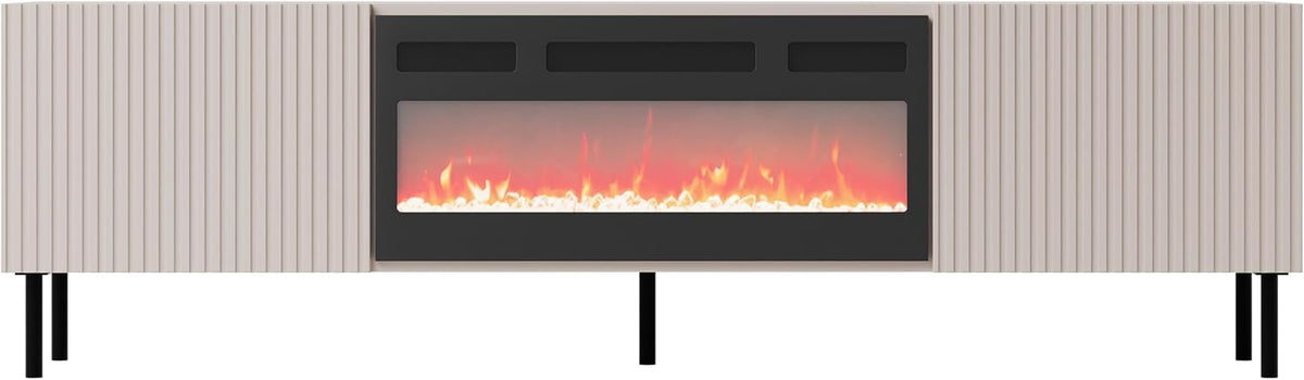 Mueble de TV Mirjan24 Arypot 2D con chimenea eléctrica, sistema sin tiradores, frente fresado, mueble bajo para TV, llama LED realista, cristales decorativos, función de calefacción, control remoto (Cachemira).