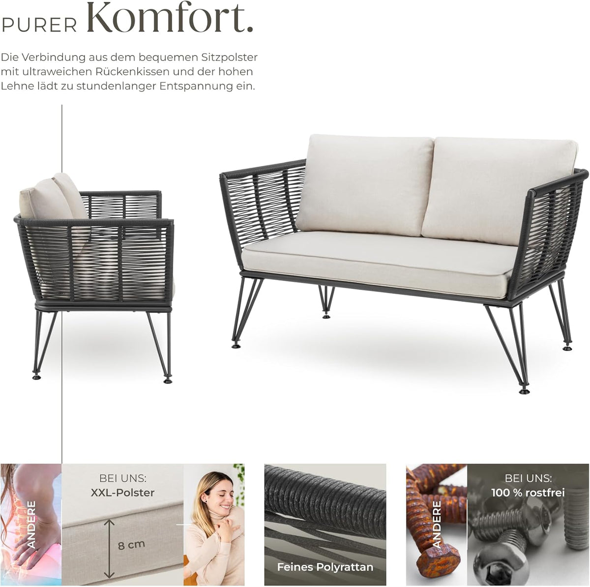 Sofá tipo lounge de ratán tectake®, muebles de salón para exteriores, muebles de balcón, muebles de exterior, muebles de jardín de ratán, sofá de jardín con cojines impermeables para exterior, muebles de balcón para balcones pequeños, jardín de invierno