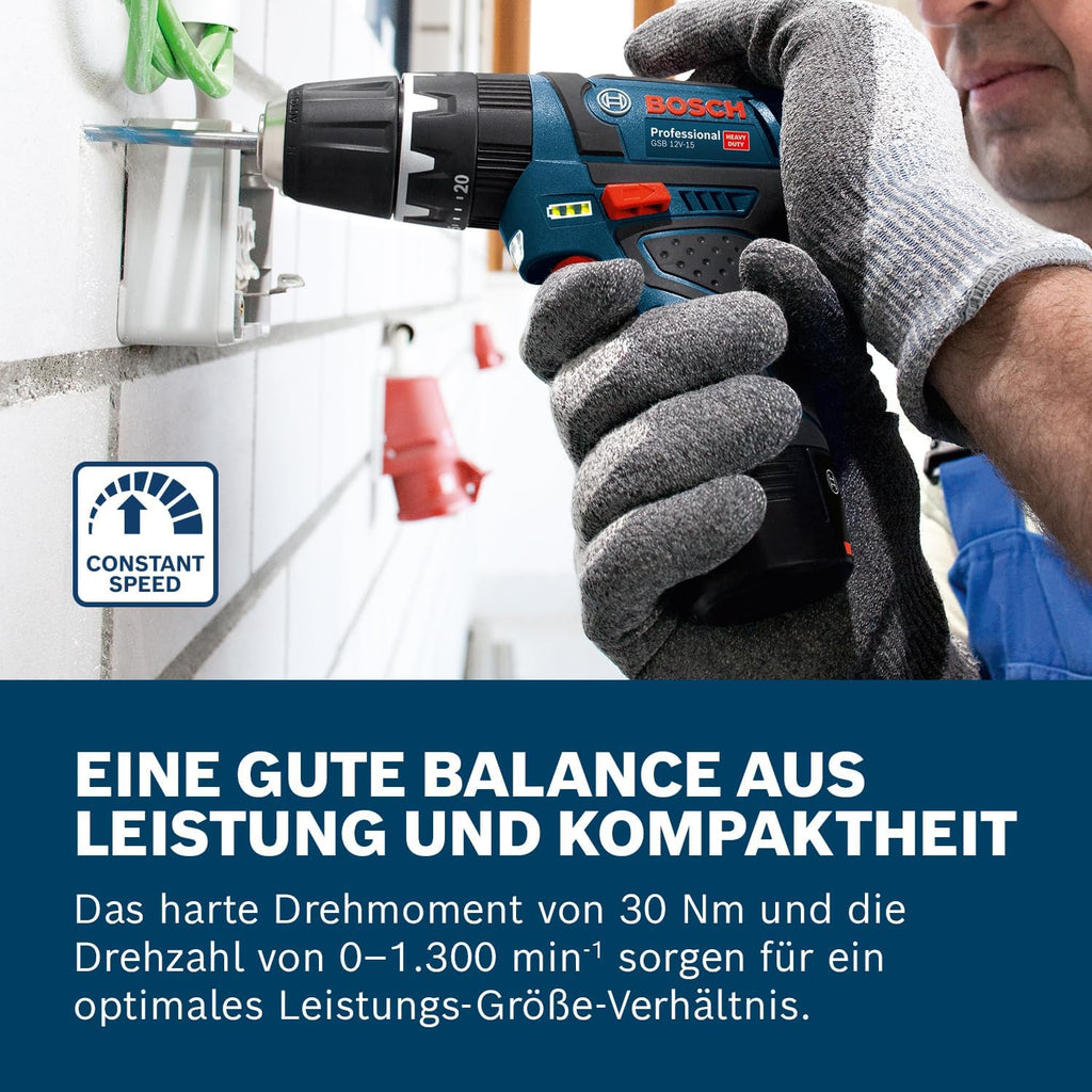 Taladro percutor a batería Bosch Professional 12V System GSB 12V-15 (Ø de perforación en madera máx.: 19 mm, incl. 2 baterías de 2.0Ah + cargador, 2 juegos de brocas, 1 juego de puntas, bolsa de herramientas) - Exclusivo de Amazon