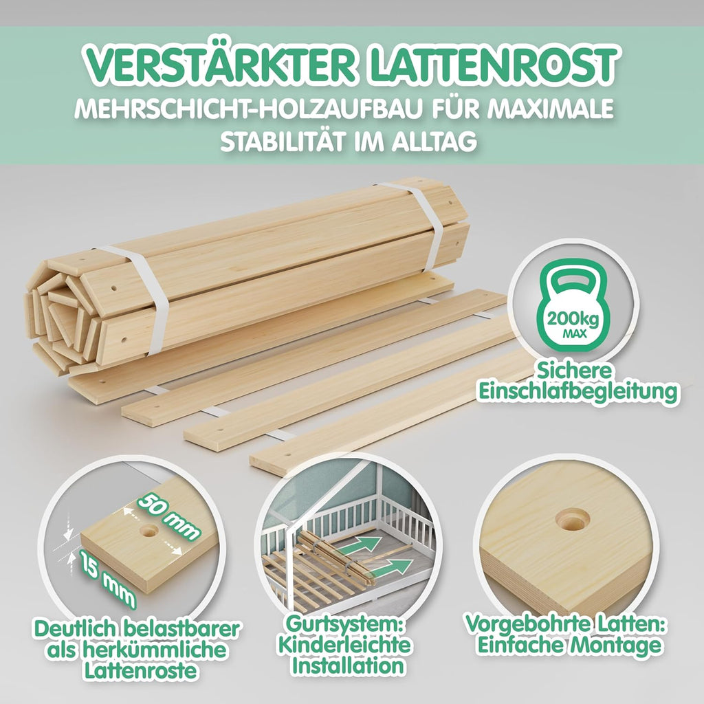 Cama infantil CADANI Malte 90x200 cm – Cama casita con barrera de seguridad extraíble, capacidad de carga de hasta 200 kg, somier de láminas enrollable, cama Montessori a ras de suelo de madera maciza de pino, natural