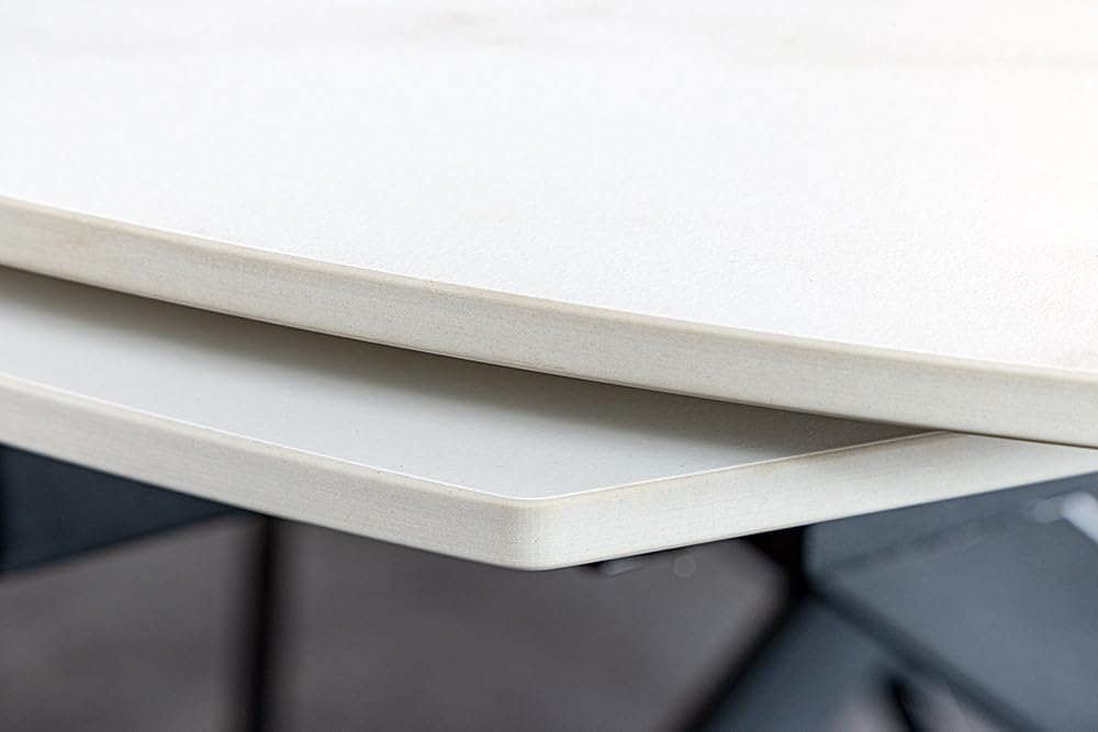 Mesa de comedor extensible Riess Ambiente Inception - 130–190 cm - blanca - ovalada, cerámica con efecto mármol blanco, estructura de metal negro