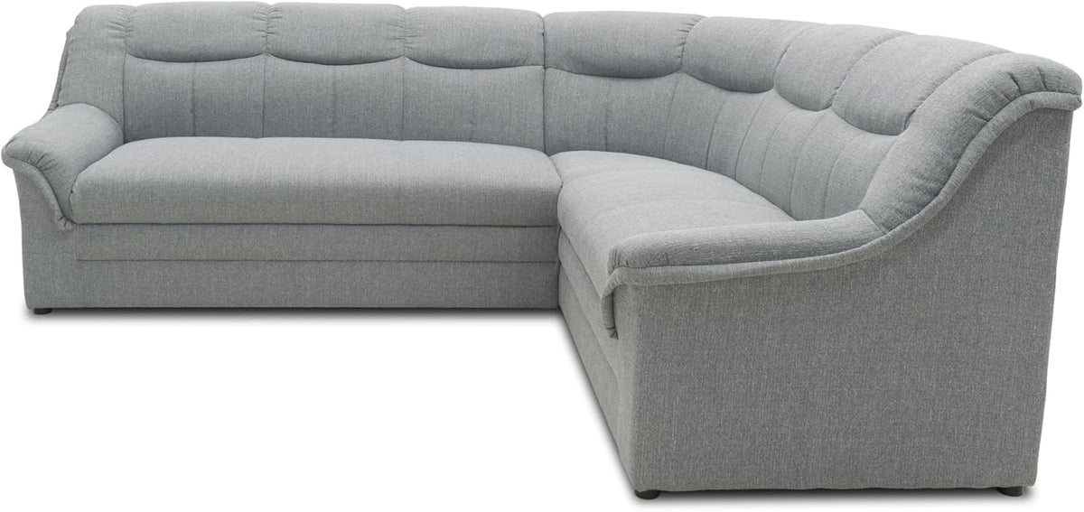 DOMO. collection Ecksofa Berlin, Zeitlose Eckcouch, 3 Sitzer Links mit Schlaffunktion und Federkern-Polsterung, Sofa in L-Form, Couch, 205 x 250 x 89 cm, Silber