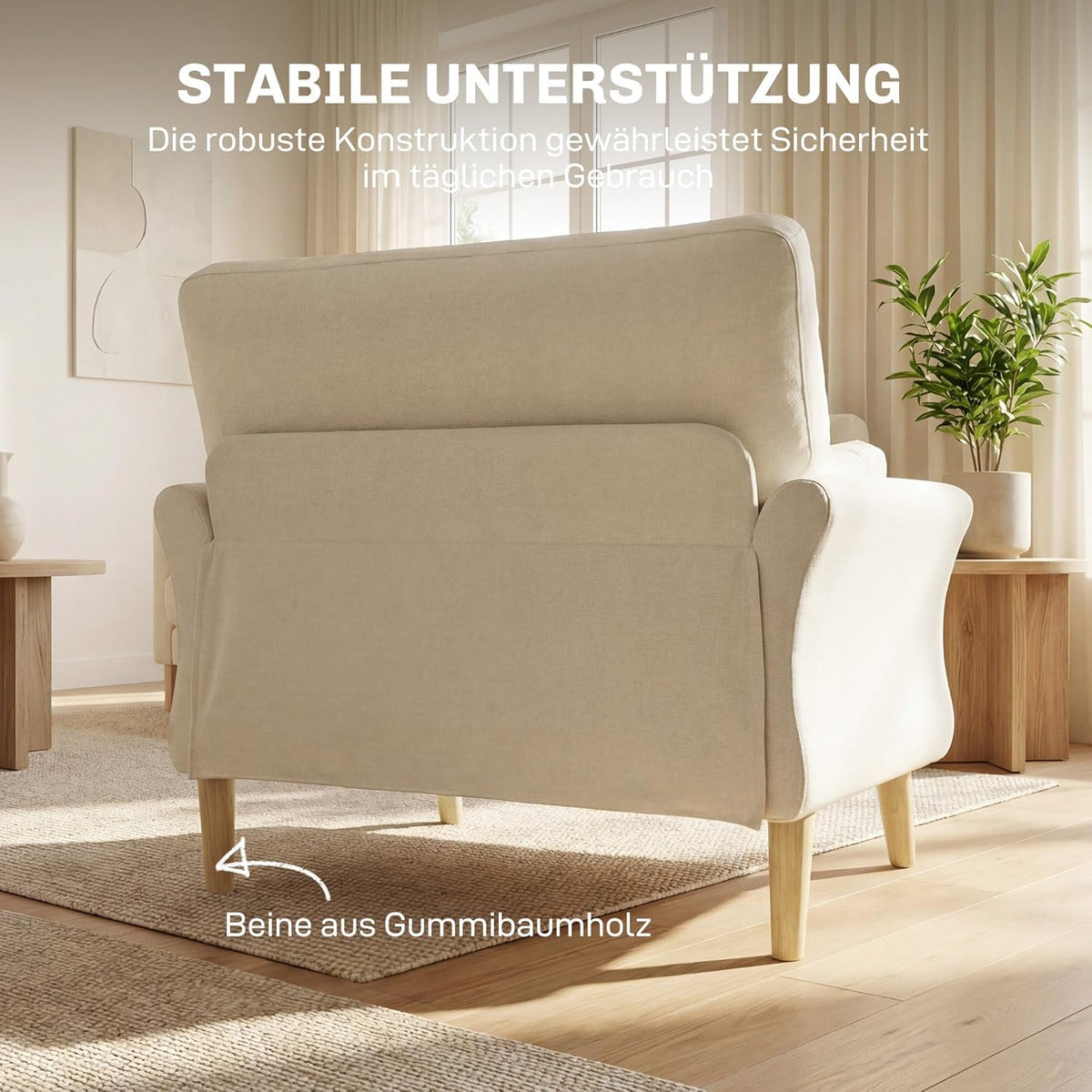 HOMCOM Sillón lounge con asiento de 83 cm, reposabrazos, sillón tapizado con cojín, aspecto de terciopelo, acolchado grueso, sillón relax con patas de madera para salón, dormitorio, crema