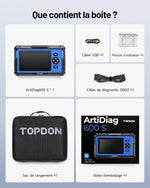 TOPDON ArtiDiag600S Escáner de diagnóstico OBD2, herramienta de diagnóstico de coche para 4 sistemas, 9 funciones de restablecimiento para aceite/frenos/SAS/BMS/ABS/DPF/TPMS/acelerador, funciones OBD2 completas