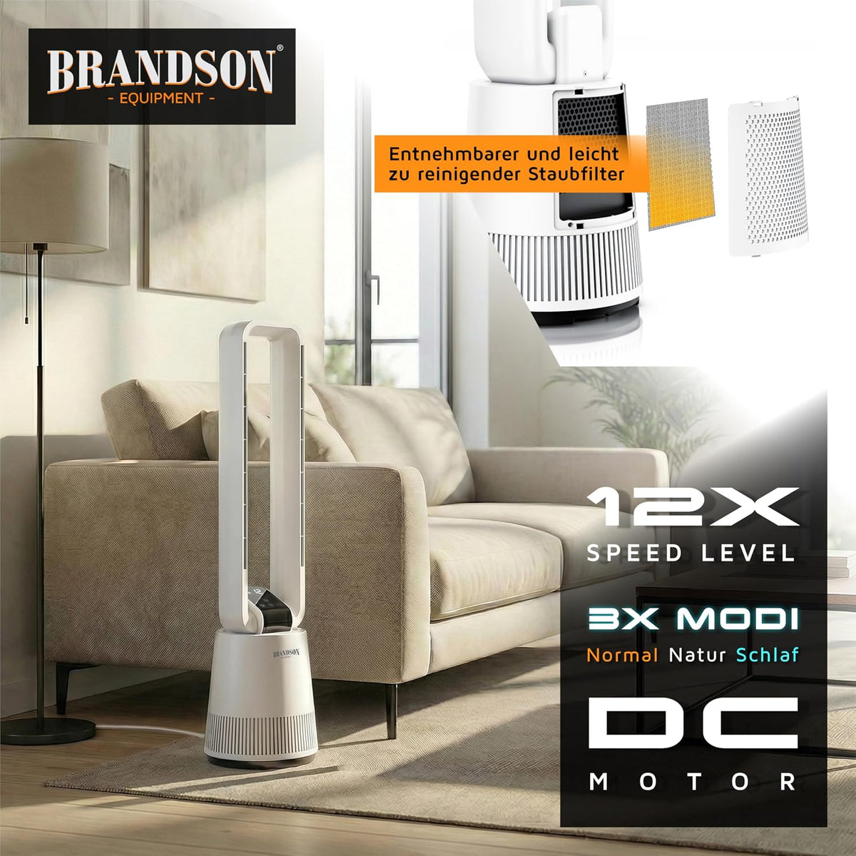 Brandson - Turmventilator DC ECO Line - DC Motor sehr leise - Sleep-Modus – mit Fernbedienung – 3 Modi – Oszillation – energieeffizient – für Schlafzimmer Büro Wohnzimmer Kinderzimmer