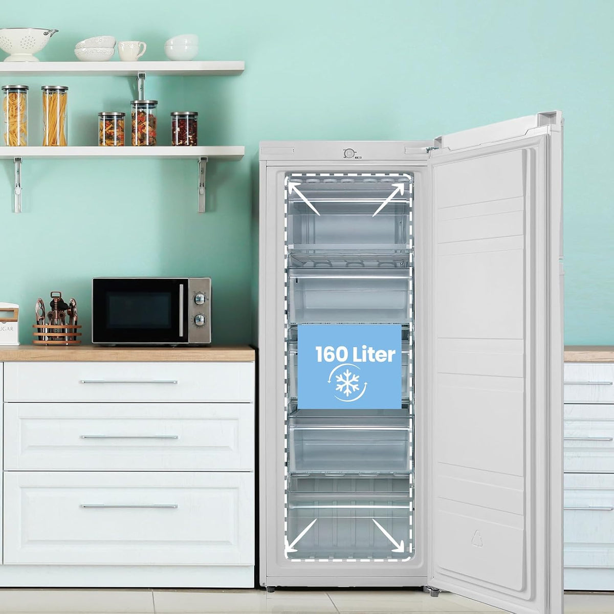 Comfee RCU160WH2(E) Congelador vertical/142 cm de alto/160 L de capacidad/183 kWh/año/Sentido de apertura de puerta reversible/Compresor GMCC de alta calidad/Control de temperatura/Patas ajustables/Blanco