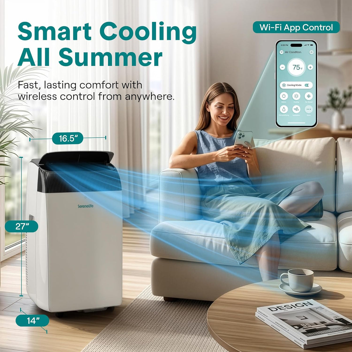 SereneLife 12,000 BTU Portable Air Conditioner with Dehumidifier, Heat, & Fan | Wi-Fi Enabled Portable AC Unit for Wide Area Climate Control | Compact Standing Air Conditioner with Window Kit
