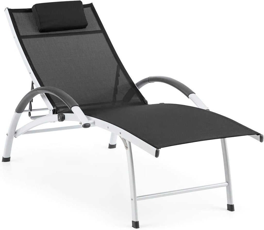 Blumfeldt Sun Valley - Sonnenliege mit Kopfkissen, zusammenklappbar, Gestell aus Aluminium, 4-Fach verstellbare Rückenlehne, Sun Comfort, Material: 70% PVC und 30% Polyester Comfort Mesh, schwarz