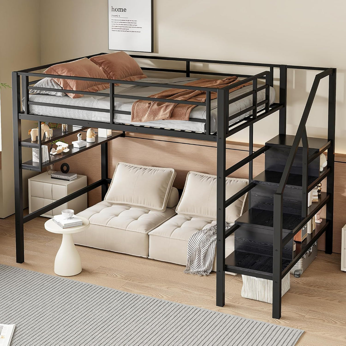 Hochbett, 140*200cm , Einlegeböden, Stauraumleiter, Freiraum unter dem Bett zum Verkleiden, Geländer, ohne Matratze, Schwarz Möbel, Schlafzimmermöbel, Bett, Bettgestell und Untergestell WX00057